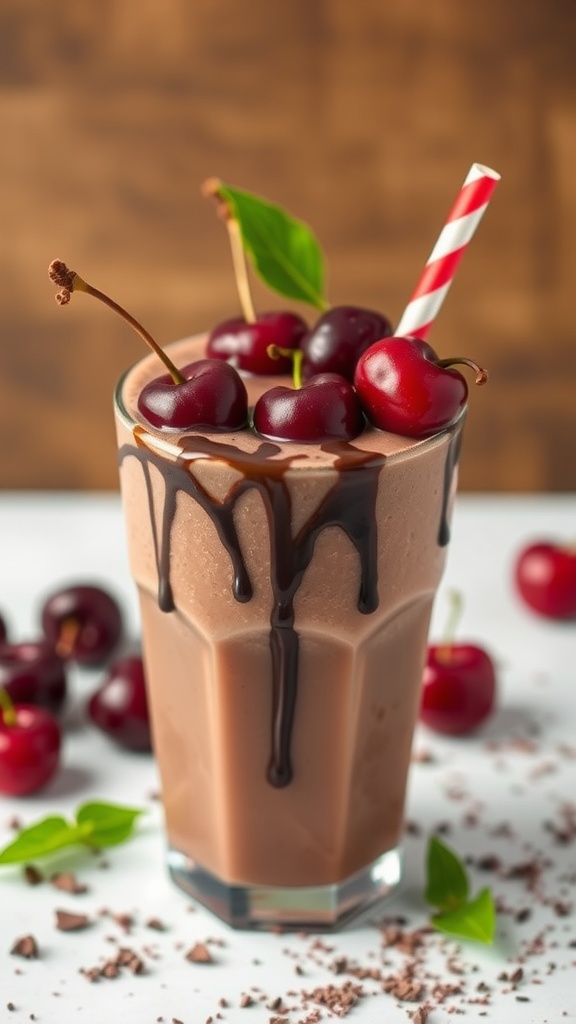 A refreshing chocolate cherry smoothie in a tall glass, garnished with fresh cherries on top.