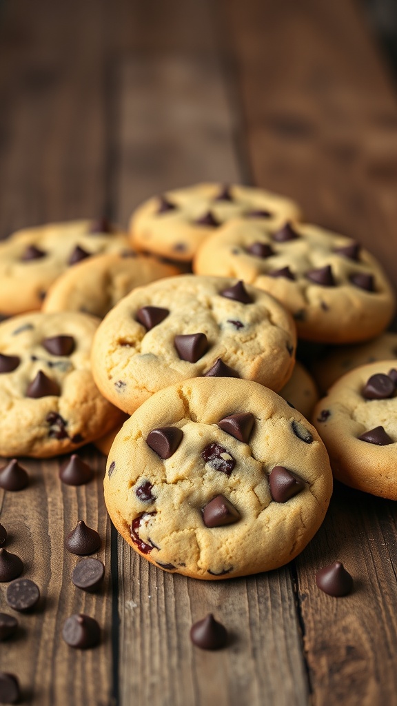 Delicious chocolate chip keto cream cheese cookies stacked on a wooden surface.