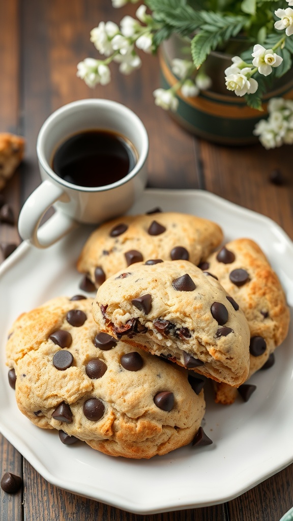 Chocolate chip scones on a plate with coffee