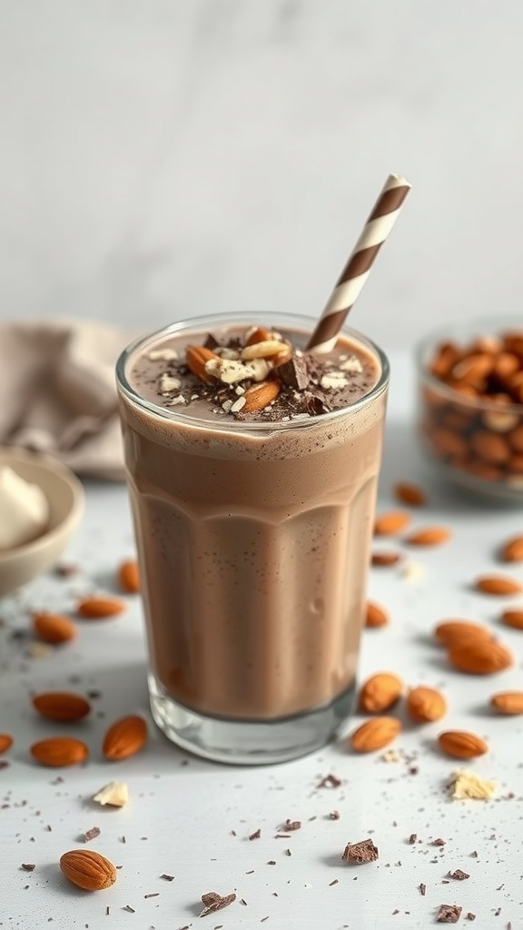 A delicious Chocolate Coconut Almond Smoothie garnished with nuts and chocolate