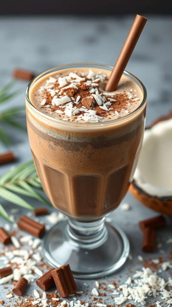 A delicious chocolate coconut smoothie topped with coconut flakes and cocoa.