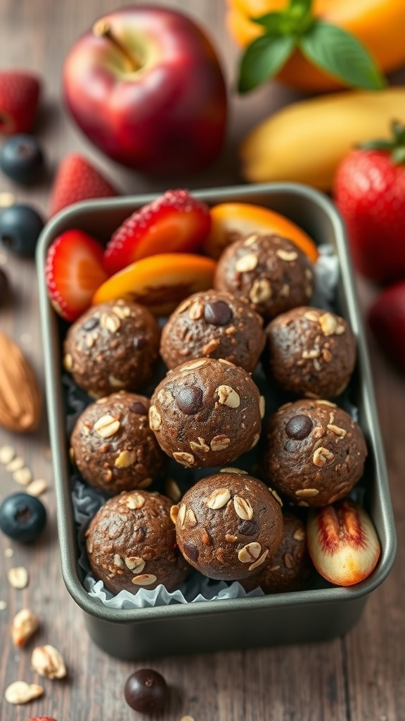 A bento box filled with chocolate energy bites surrounded by fresh fruit.