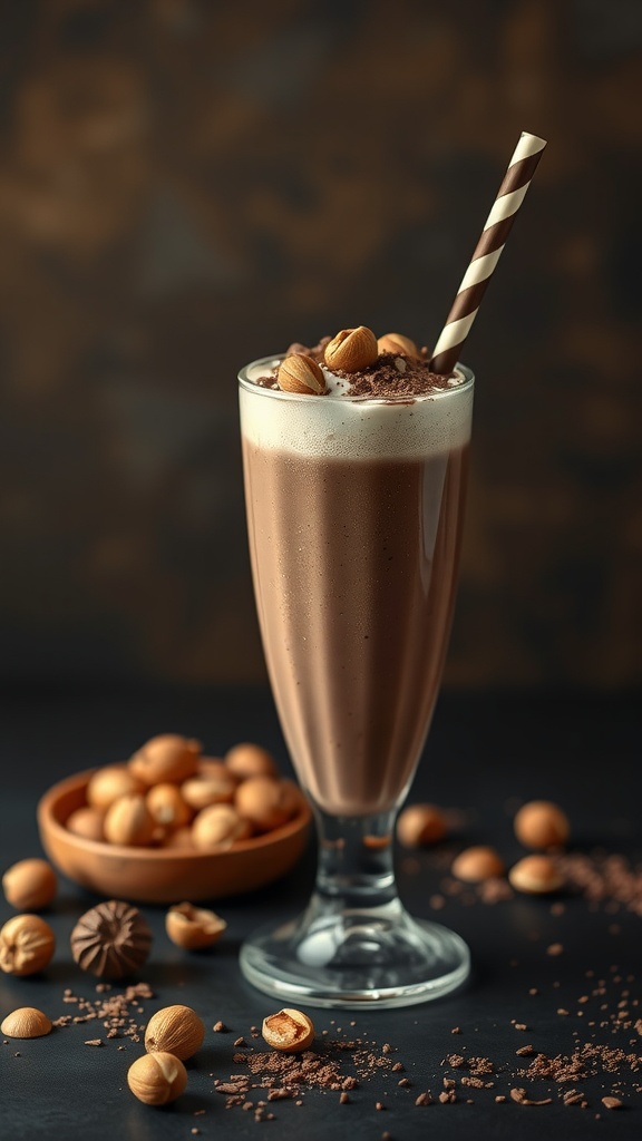Chocolate Hazelnut Shake in a glass with hazelnuts around it