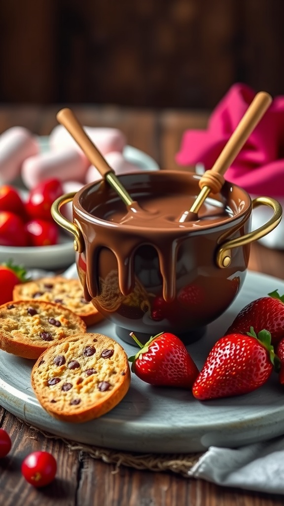 A rich chocolate hazelnut fondue served with strawberries and cookies on a plate.