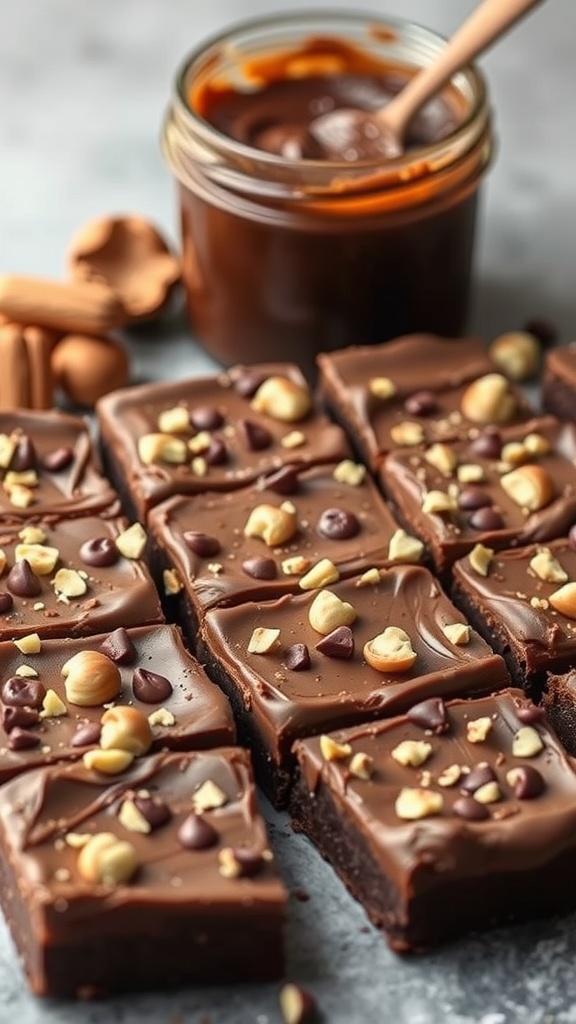 Chocolate Hazelnut Spread Bars with hazelnuts and chocolate chips on top