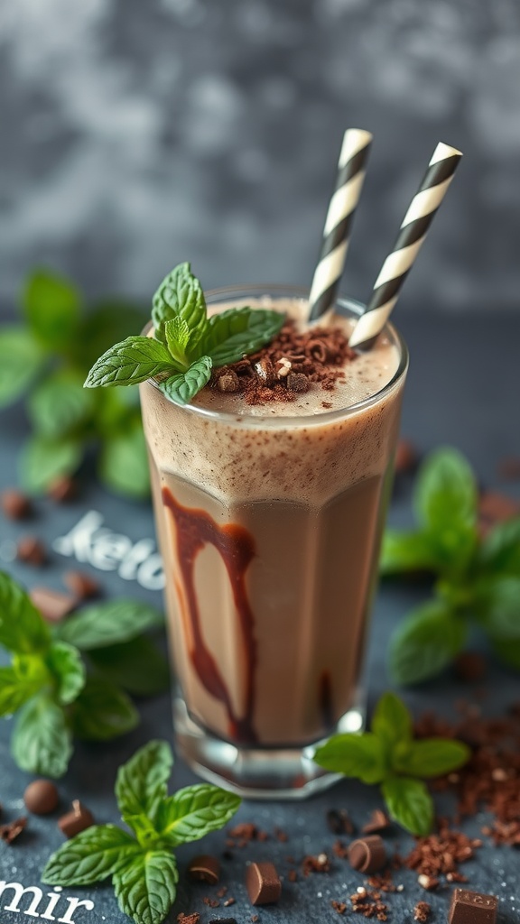 A refreshing chocolate mint keto shake topped with mint leaves and chocolate shavings in a glass.