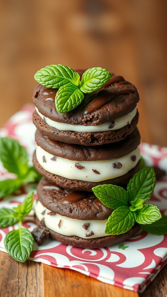 A stack of chocolate mint patties garnished with fresh mint leaves.