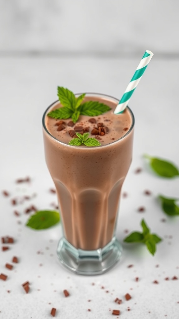 Chocolate Mint Protein Shake in a glass with mint leaves and a straw