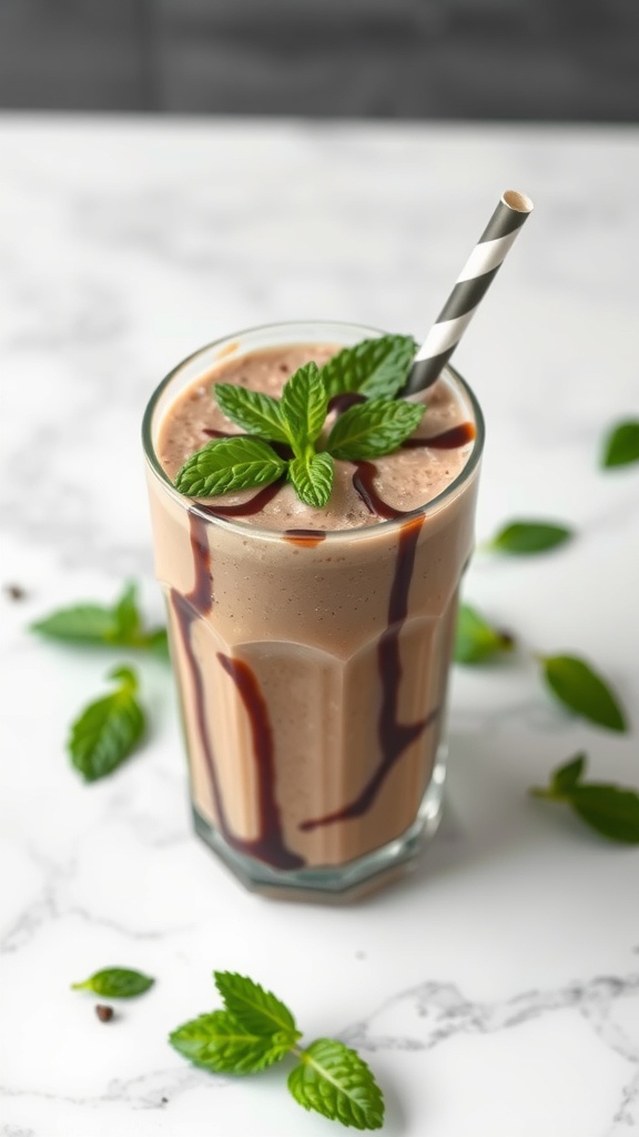 A glass of chocolate mint protein shake garnished with mint leaves
