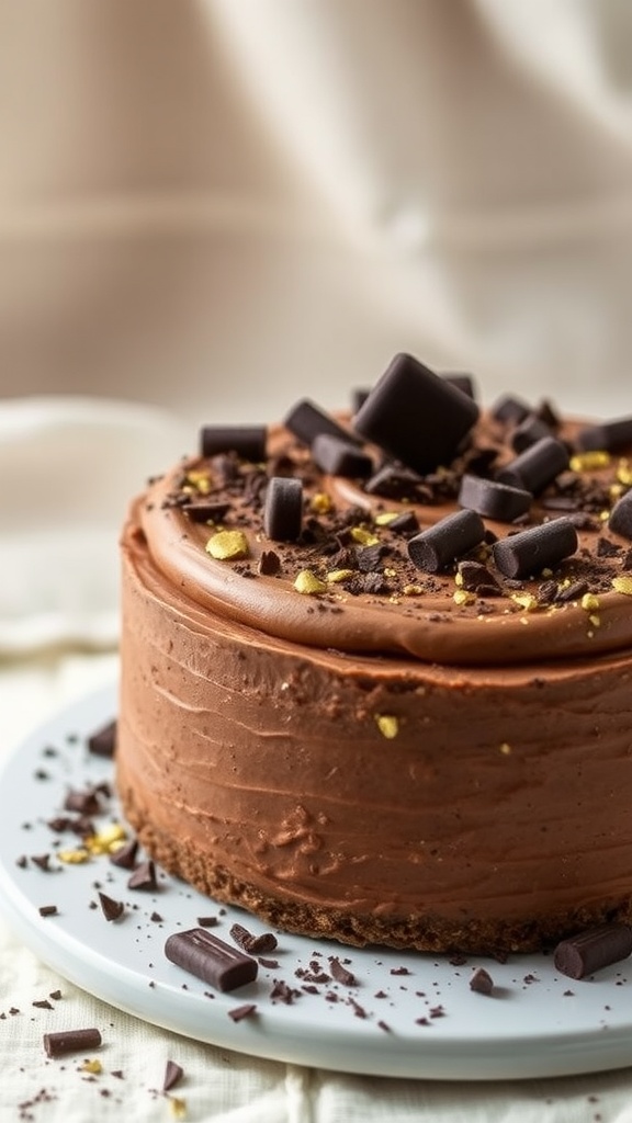 Chocolate mousse cake decorated with gold leaf and chocolate shavings