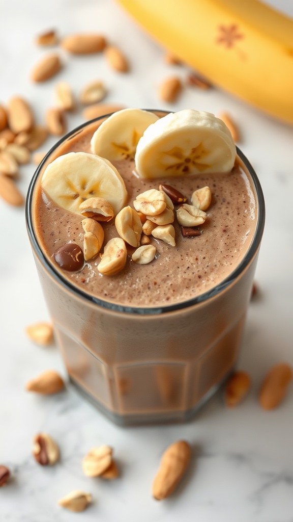 A Chocolate Peanut Butter Banana Smoothie topped with banana slices and chopped peanuts.