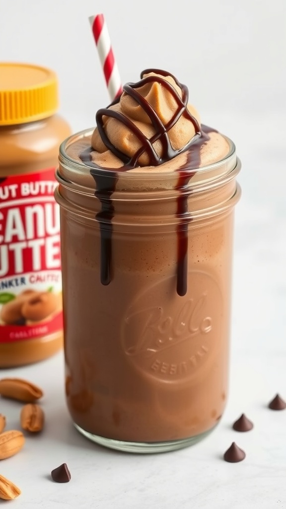 A delicious chocolate peanut butter smoothie topped with whipped cream and chocolate drizzle, served in a jar with a straw.