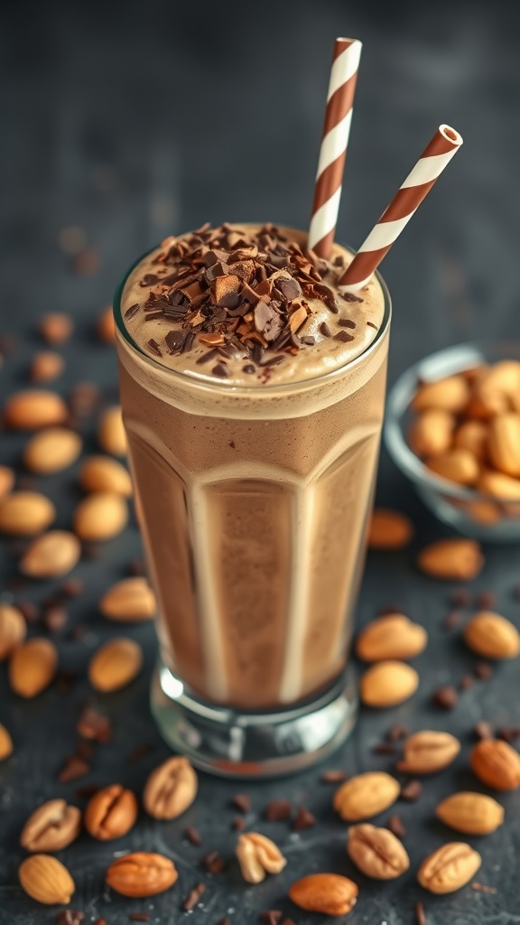 A delicious chocolate peanut butter smoothie with toppings.