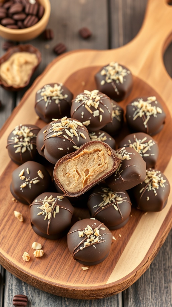 Chocolate Peanut Butter Fat Bombs on a wooden platter