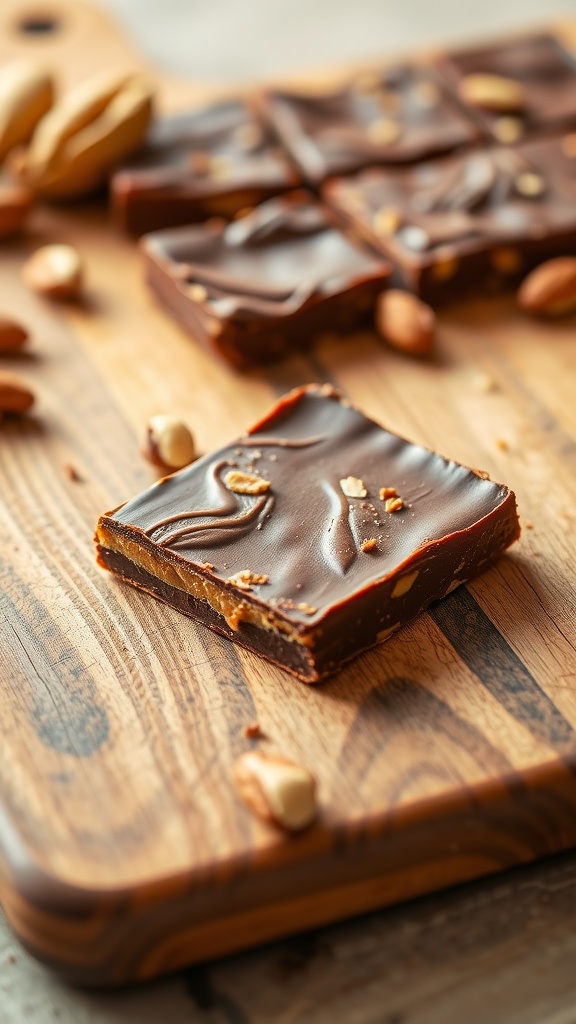 Delicious chocolate peanut butter keto bars on a wooden cutting board
