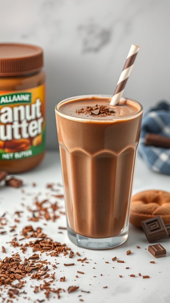 Chocolate Peanut Butter Power Smoothie in a glass with a straw