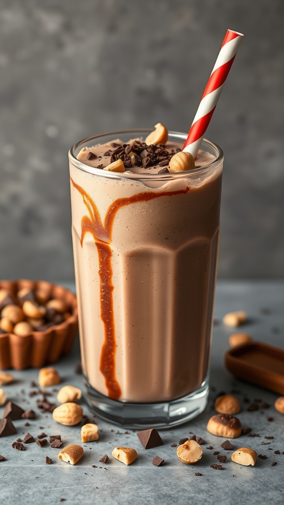 A delicious chocolate peanut butter smoothie topped with nuts and a straw