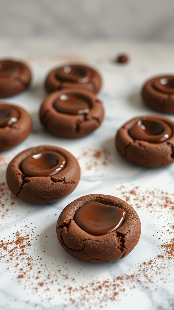 Chocolate thumbprint cookies filled with Nutella on a marble surface.