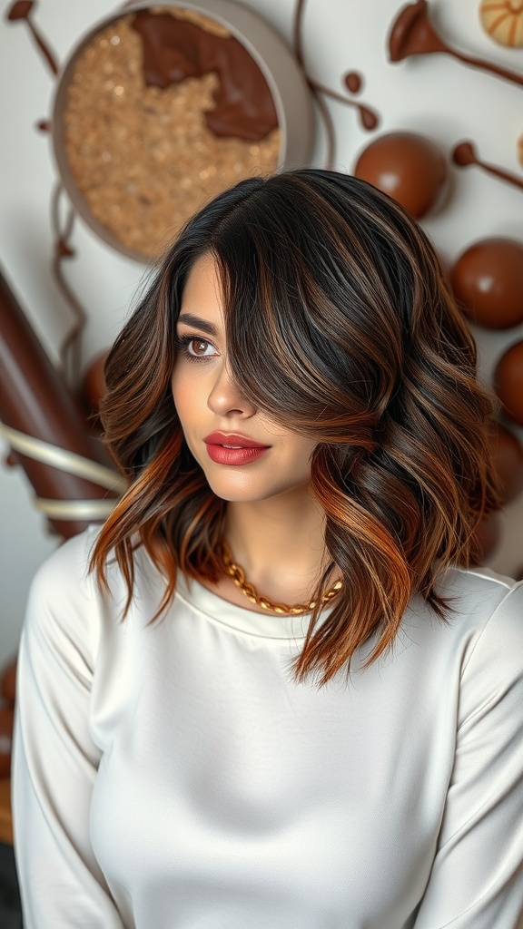 A woman with chocolate truffle hair color, featuring rich brown tones and caramel highlights.