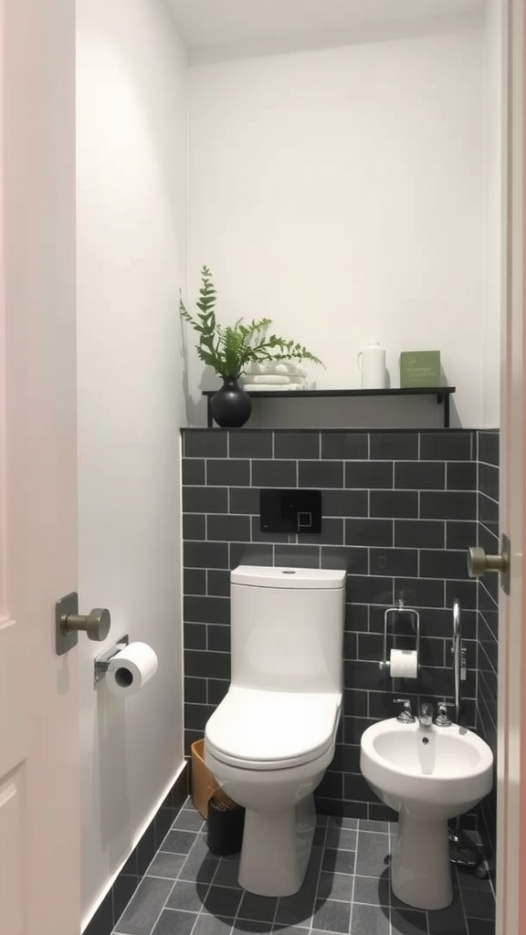 Compact bathroom featuring a wall-mounted toilet and slim bidet with stylish decor.