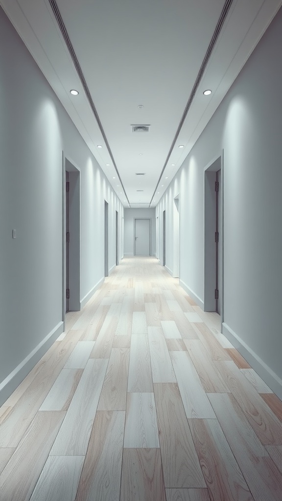 A long, well-lit hallway with wooden flooring