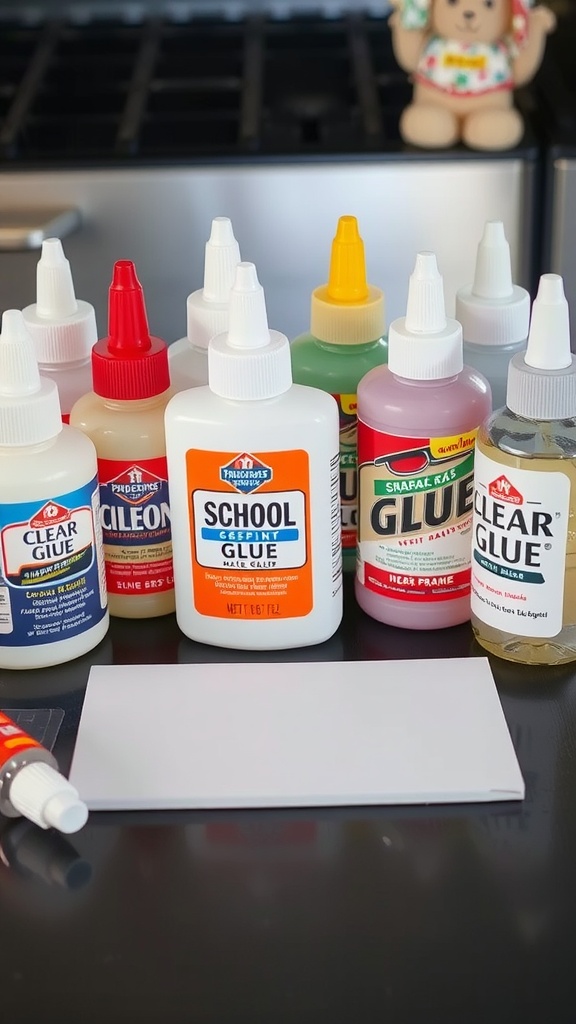 A variety of glue bottles suitable for making fluffy slime.