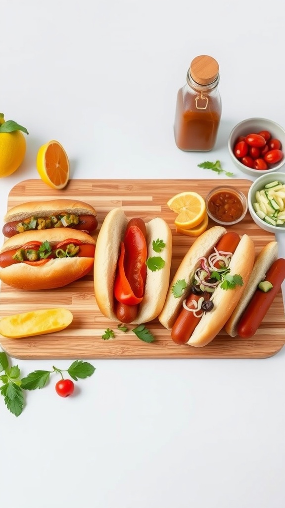Delicious looking corn dogs on a wooden board with toppings and condiments.