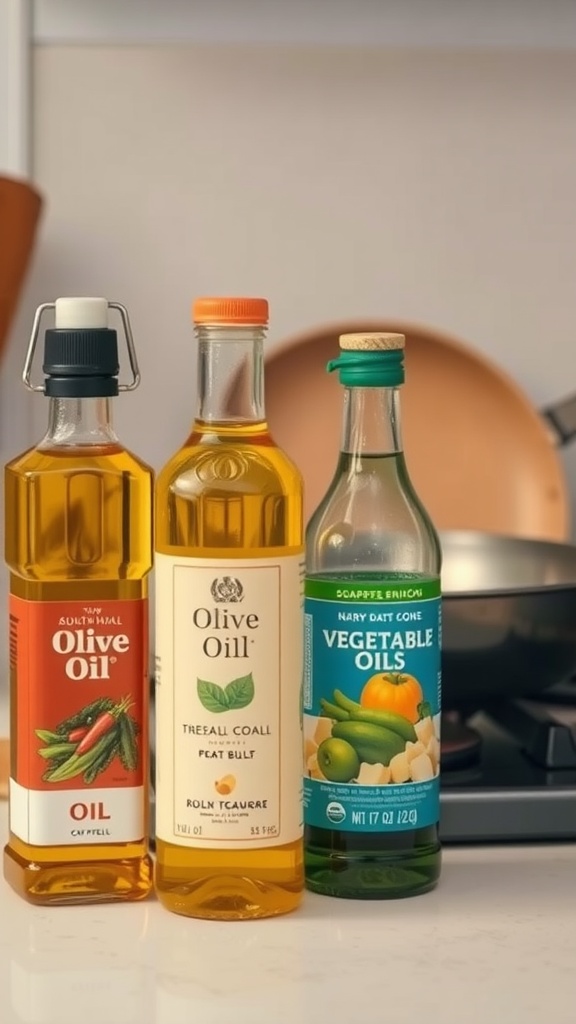 Various bottles of cooking oils suitable for frying.