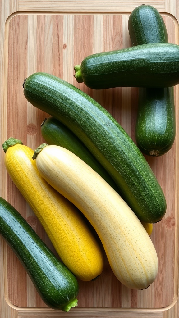 Fresh zucchinis in various colors, perfect for frying.