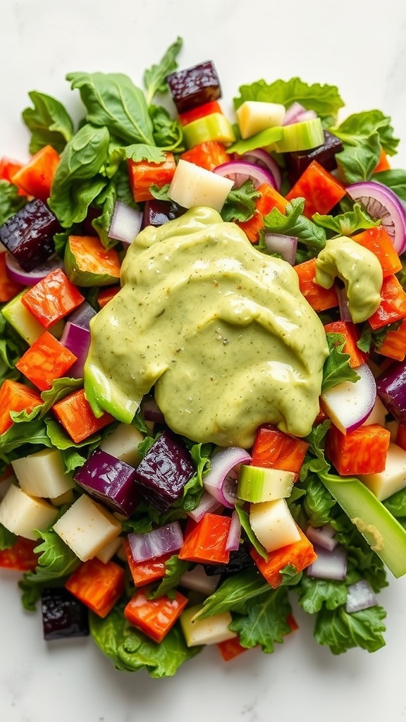A vibrant chopped salad with colorful vegetables and creamy avocado dressing.