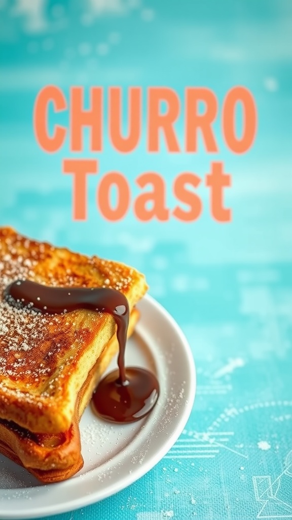 Delicious churro French toast drizzled with chocolate sauce.