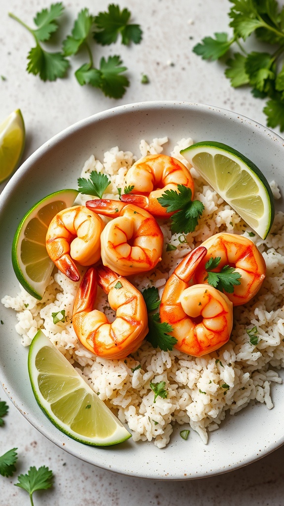 A bowl of cilantro lime shrimp with rice and lime wedges