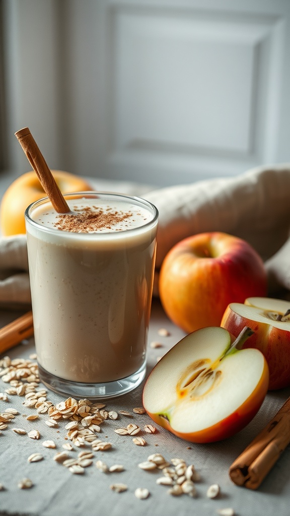 A refreshing Cinnamon Apple Oatmeal Smoothie with ingredients like apples, oats, and cinnamon.