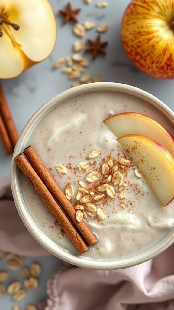 A delicious Cinnamon Apple Oatmeal Smoothie topped with apple slices and cinnamon sticks.