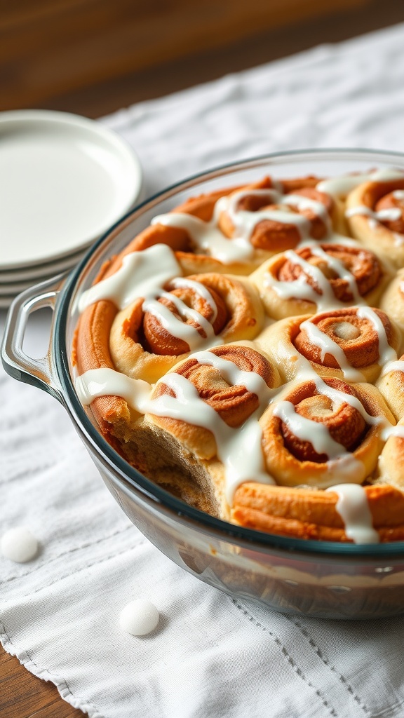 A delicious cinnamon roll casserole baked in a glass dish, topped with icing.