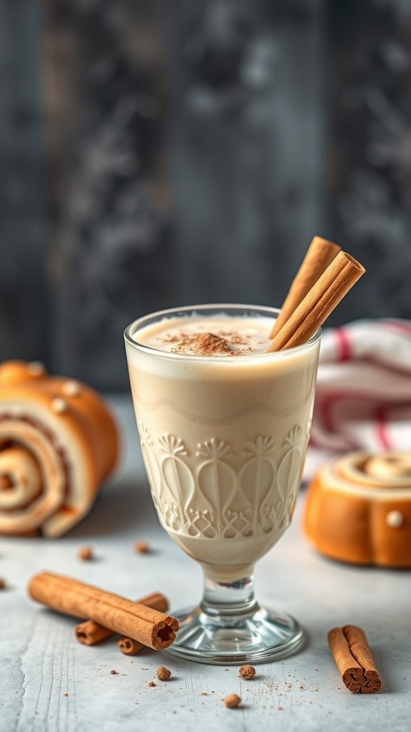 A delicious cinnamon roll coffee smoothie served in a glass with cinnamon sticks