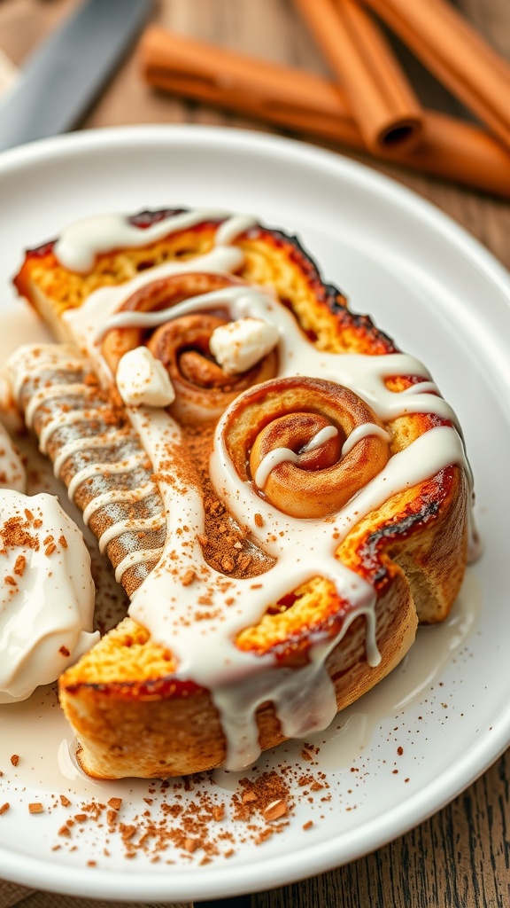 Cinnamon Roll French Toast Bake topped with icing and cinnamon