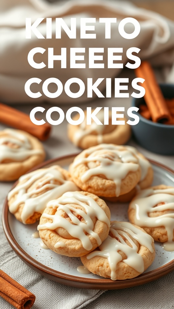 A plate of cinnamon roll keto cream cheese cookies drizzled with icing.