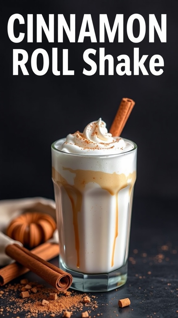 Cinnamon Roll Keto Shake in a glass with a cinnamon stick and whipped cream on top.