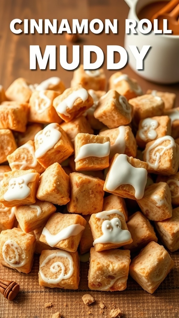 A delicious bowl of Cinnamon Roll Muddy Buddies, a sweet snack treat.