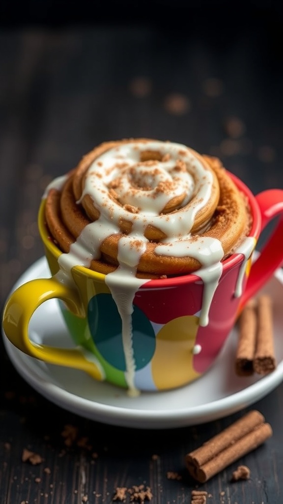 A colorful mug filled with a cinnamon roll mug cake, drizzled with frosting, and garnished with cinnamon sticks.