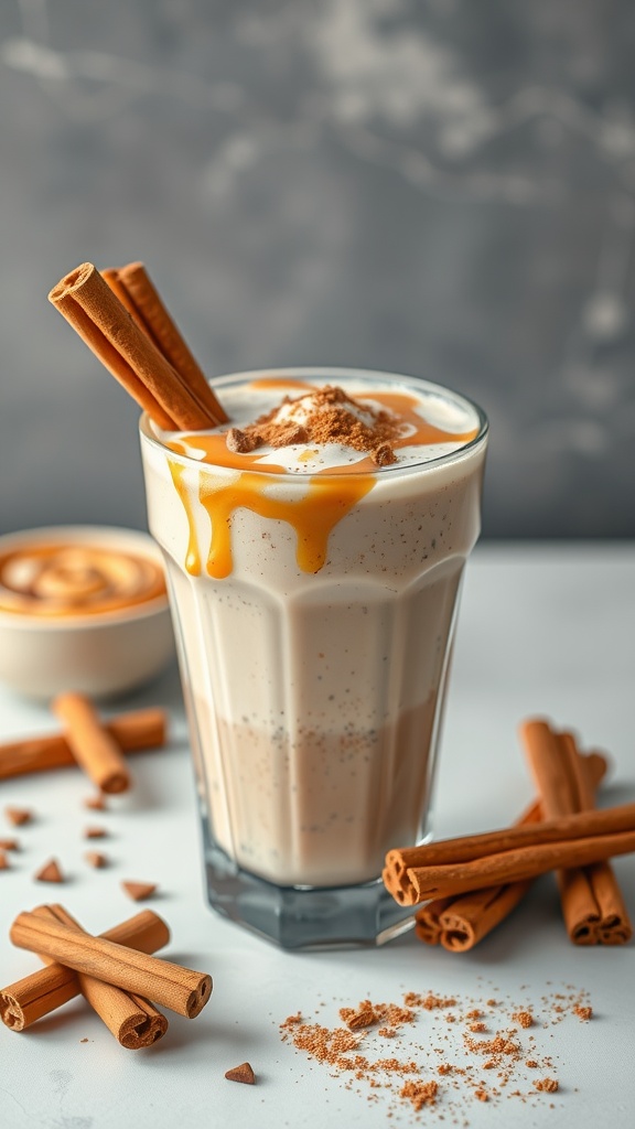 Cinnamon Roll Protein Smoothie in a glass with cinnamon sticks