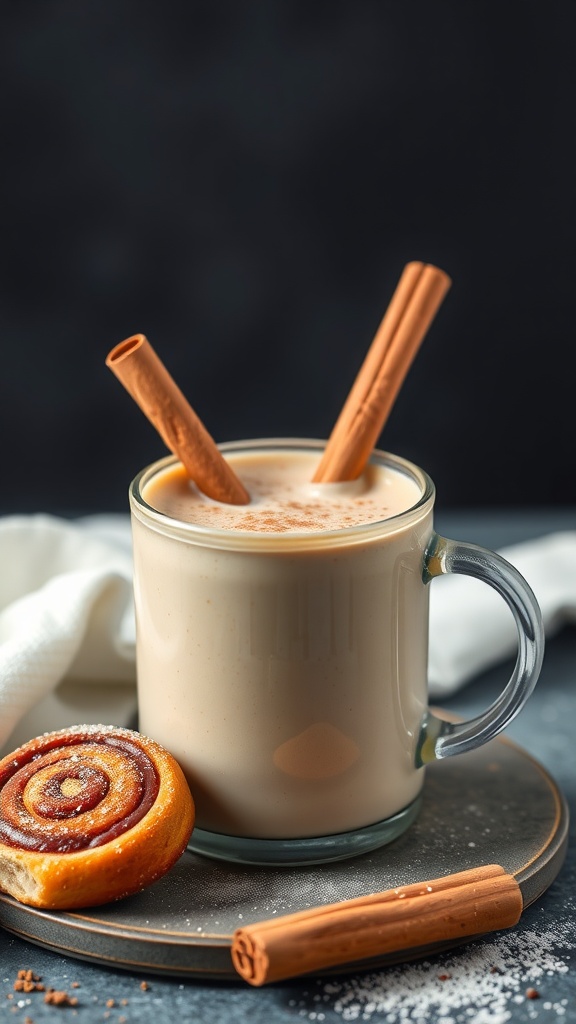 A creamy cinnamon roll smoothie in a glass with cinnamon sticks and a cinnamon roll on the side.