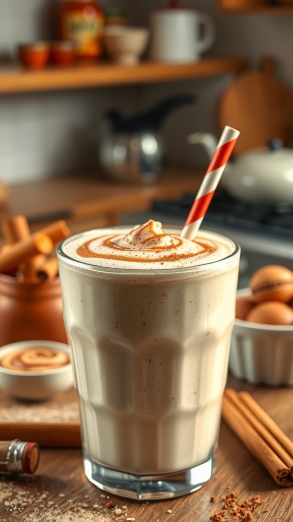 A creamy cinnamon roll smoothie topped with whipped cream and cinnamon.