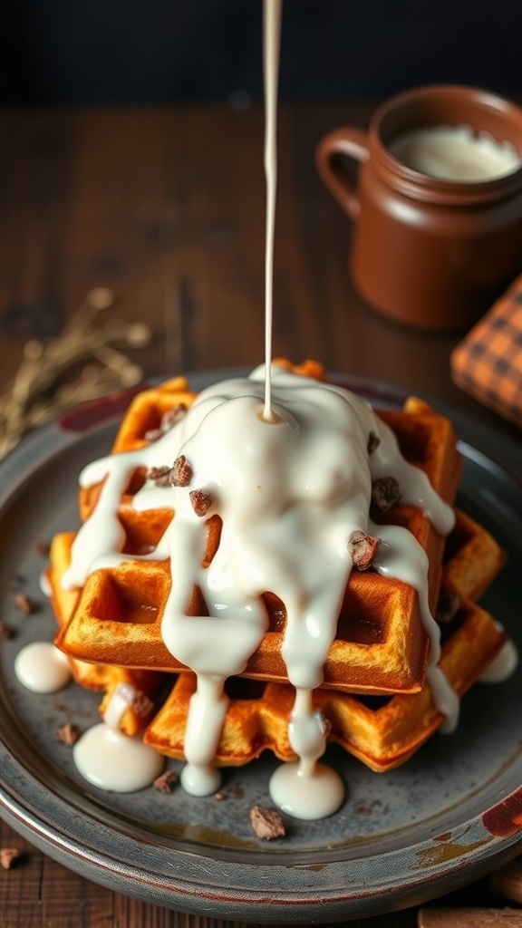 Delicious cinnamon roll waffles drizzled with cream cheese glaze.