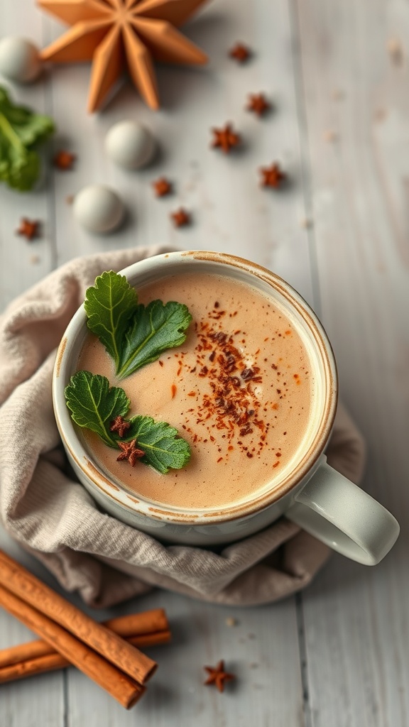 A warm cinnamon spiced kale smoothie in a cozy cup, surrounded by cinnamon sticks and star anise.