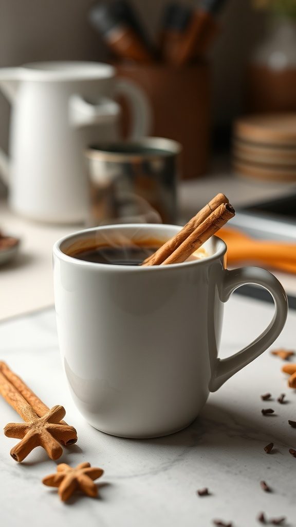 A cozy cup of Cinnamon Vanilla Keto Coffee with cinnamon sticks