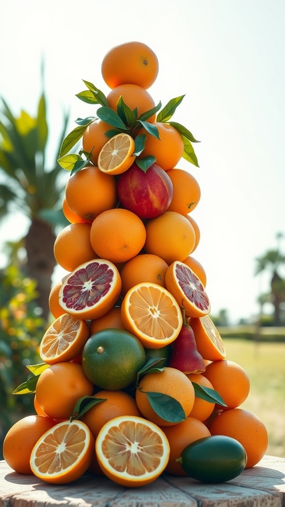 A tower made of stacked citrus fruits including oranges, lemons, and limes with green leaves.