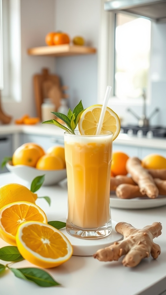 A refreshing citrus ginger smoothie in a glass with lemon and ginger on a table.