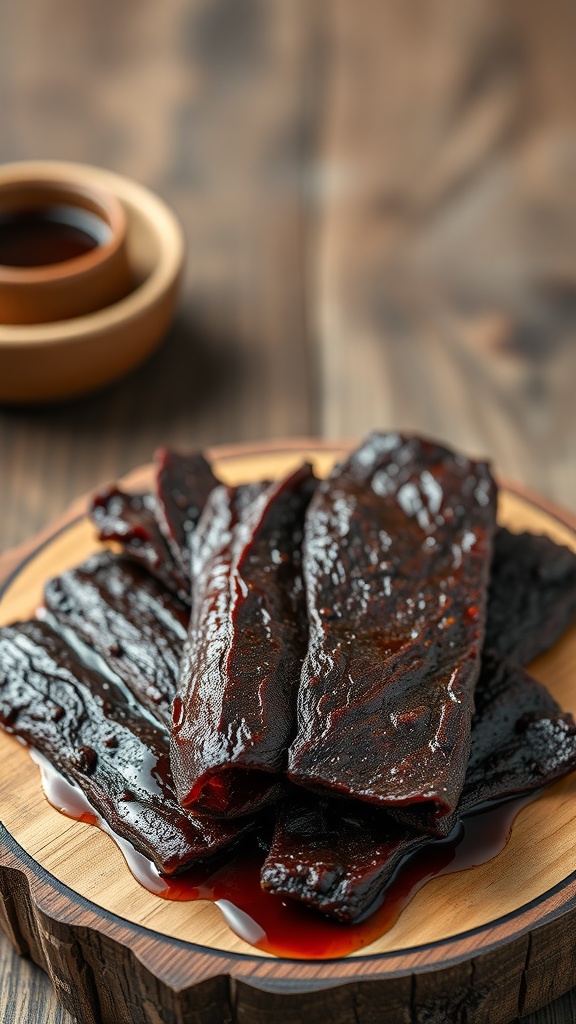 A plate of beef jerky with a dark glaze, ready for snacking.